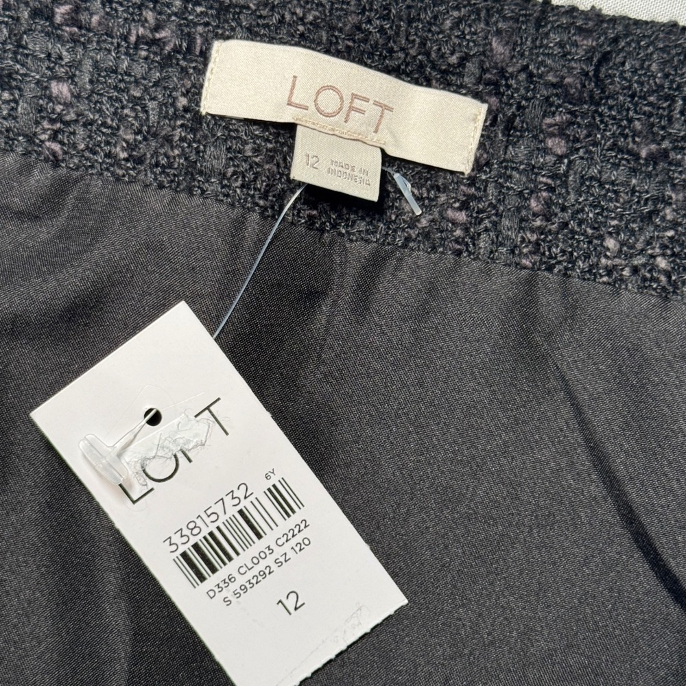 LOFT Black Tweed Mini Skirt Faux Wrap Crest Buttons Size 12 NEW - Picture 5 of 8